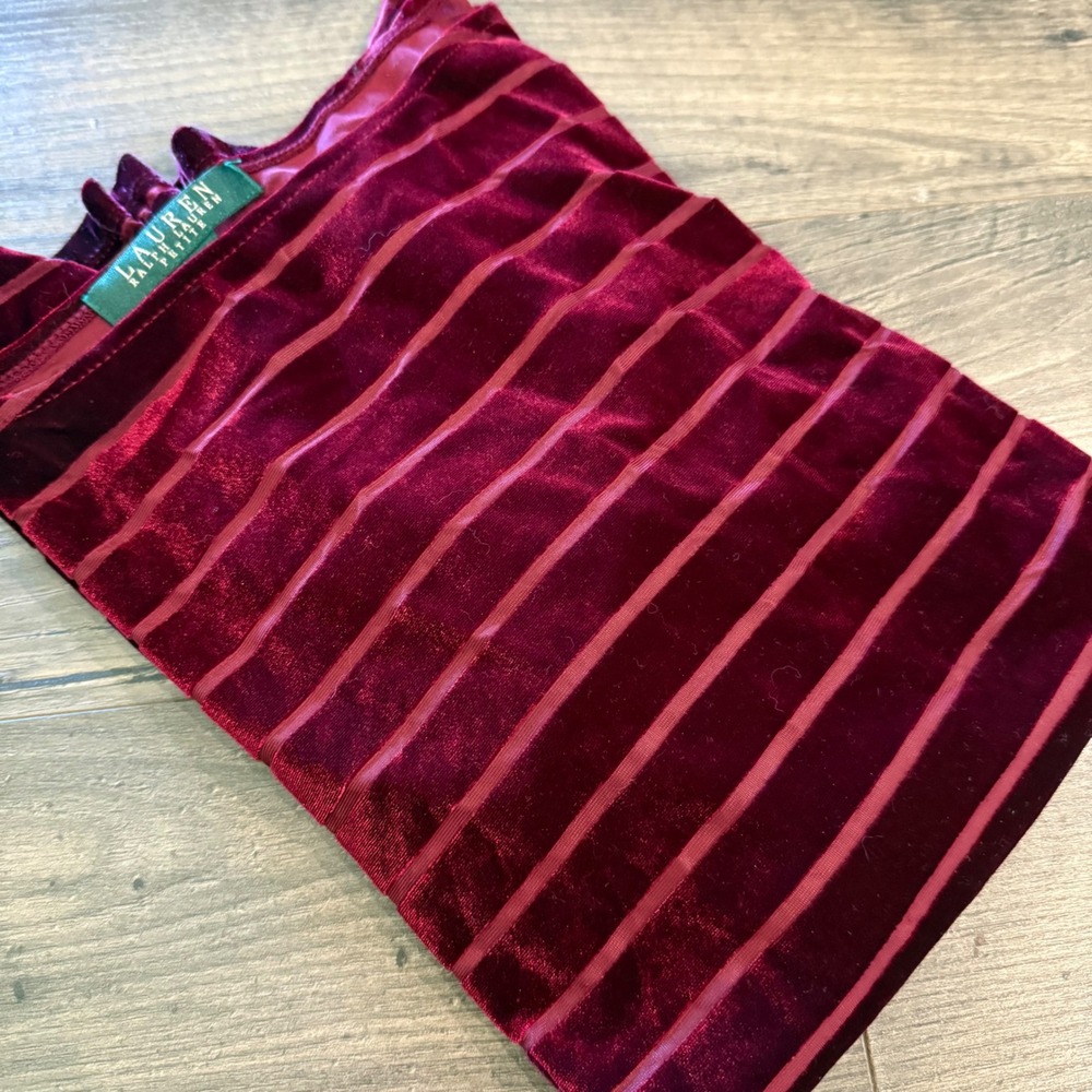 Lauren Ralph Lauren Petite Velvet Striped Top Burgundy Red Boat Neck PM